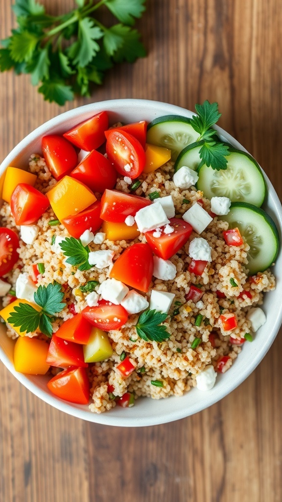 Colorful Quinoa Salad Bowl Recipe A colorful quinoa salad bowl with cherry tomatoes, bell peppers, cucumbers, and feta cheese on a rustic table.